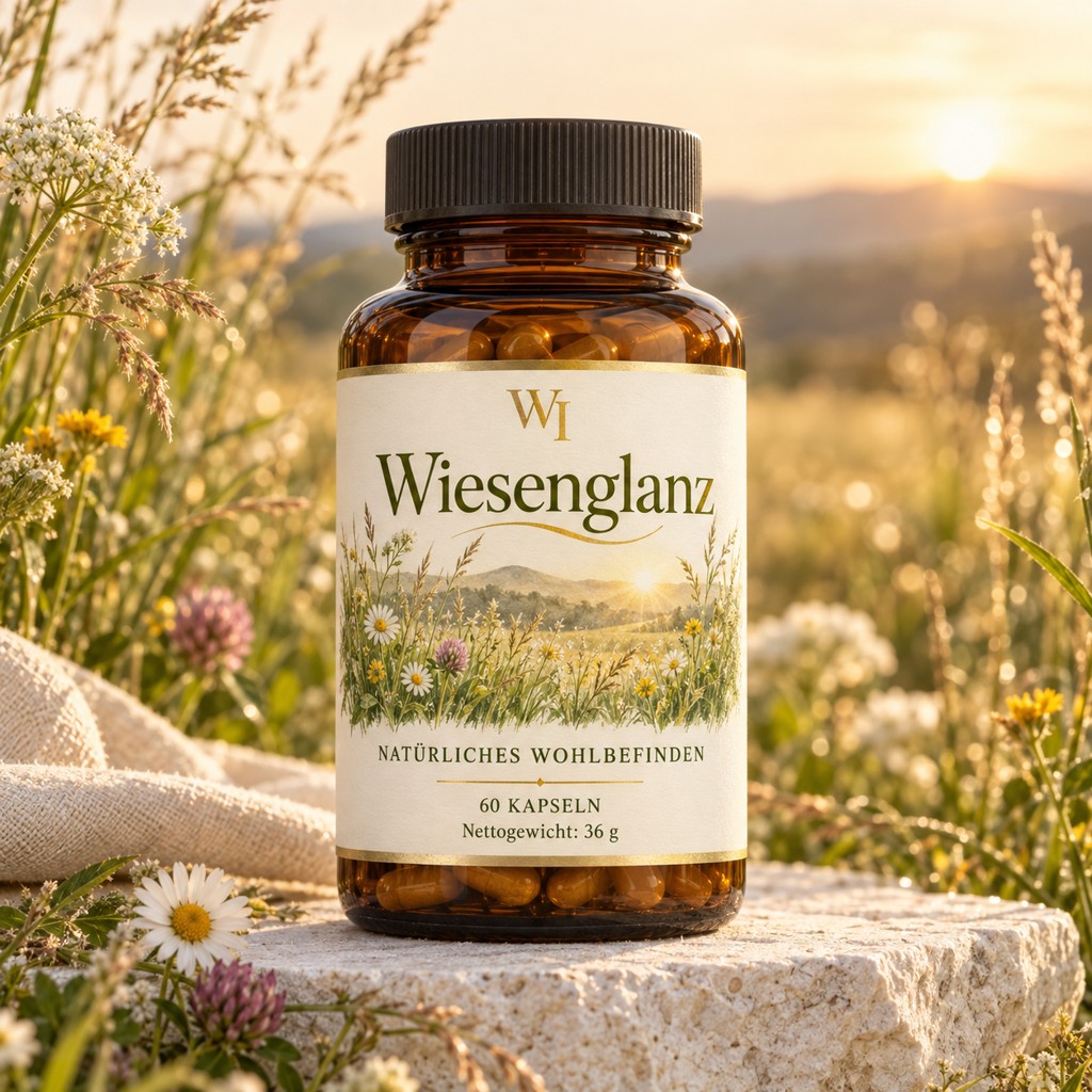 Wiesenglanz in einer Produktaufnahme mit lesbarem Etikett
